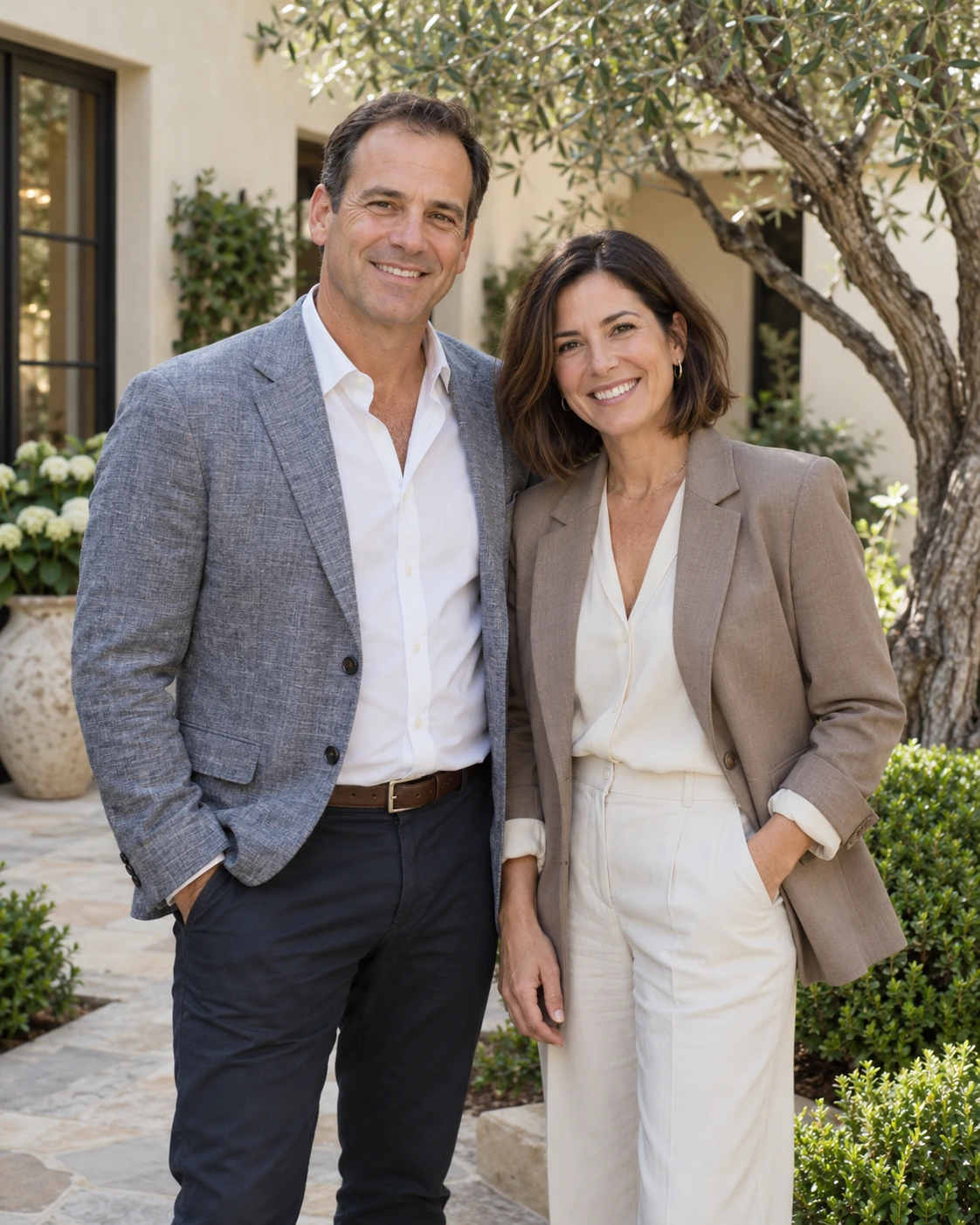Illustrative real estate professional couple in a garden courtyard