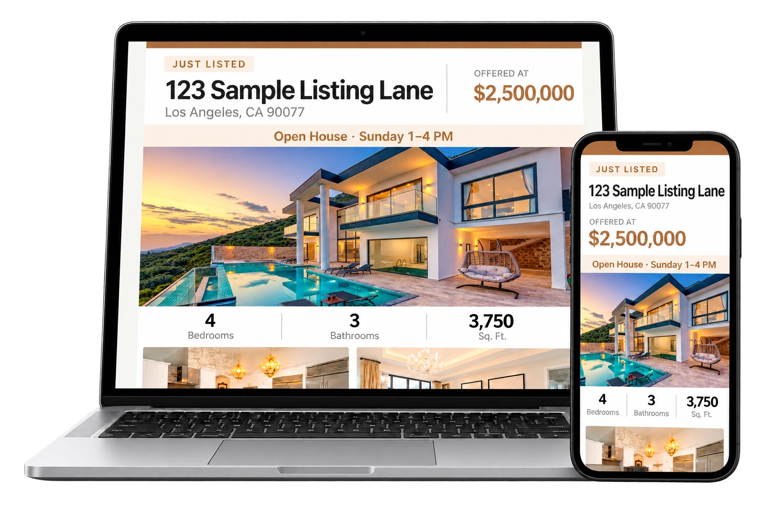 Fictional Los Angeles listing at $2,500,000 displayed on a laptop and phone